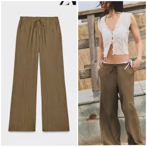 Zara Textured Weave Wide Leg High Rise Trousers In Khaki Green Size S NWT - Picture 1 of 13